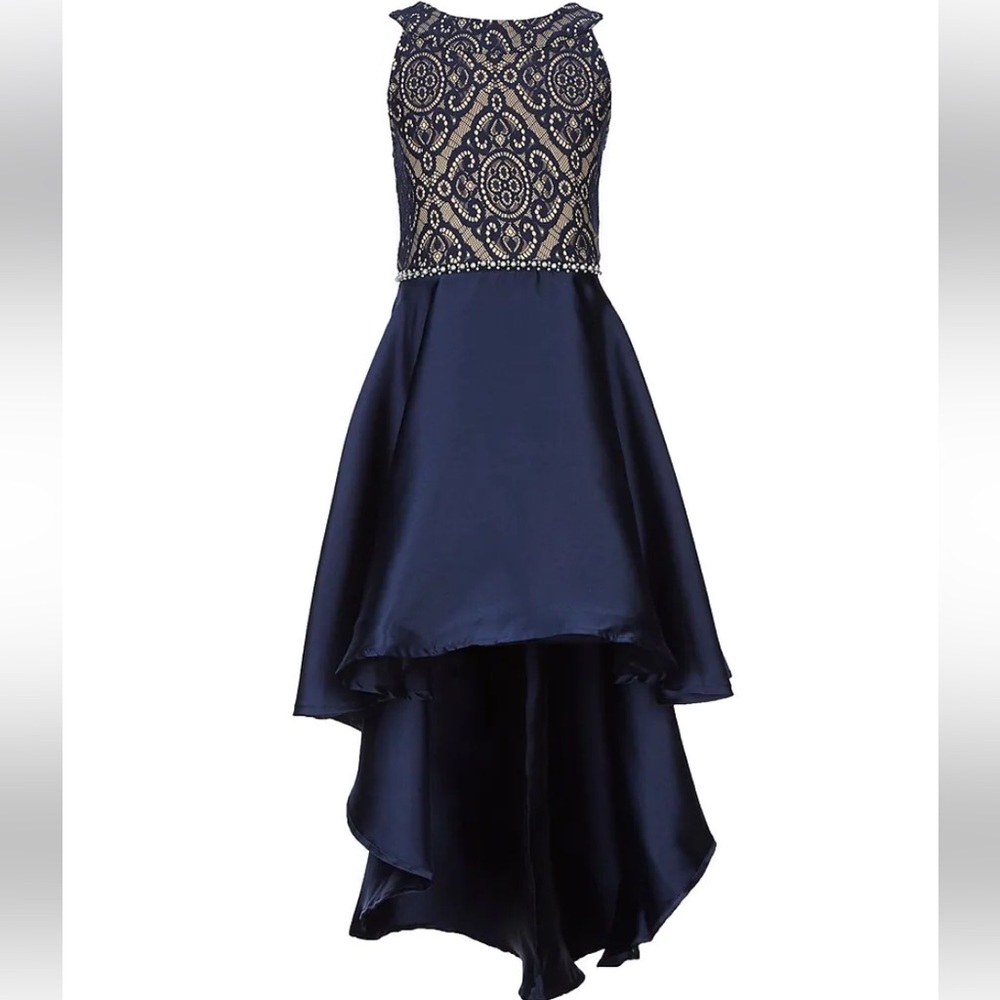 Speechless Kids | Size 16 Navy & Tan, Mesh & Pearl Elegant Formal Dress w Train